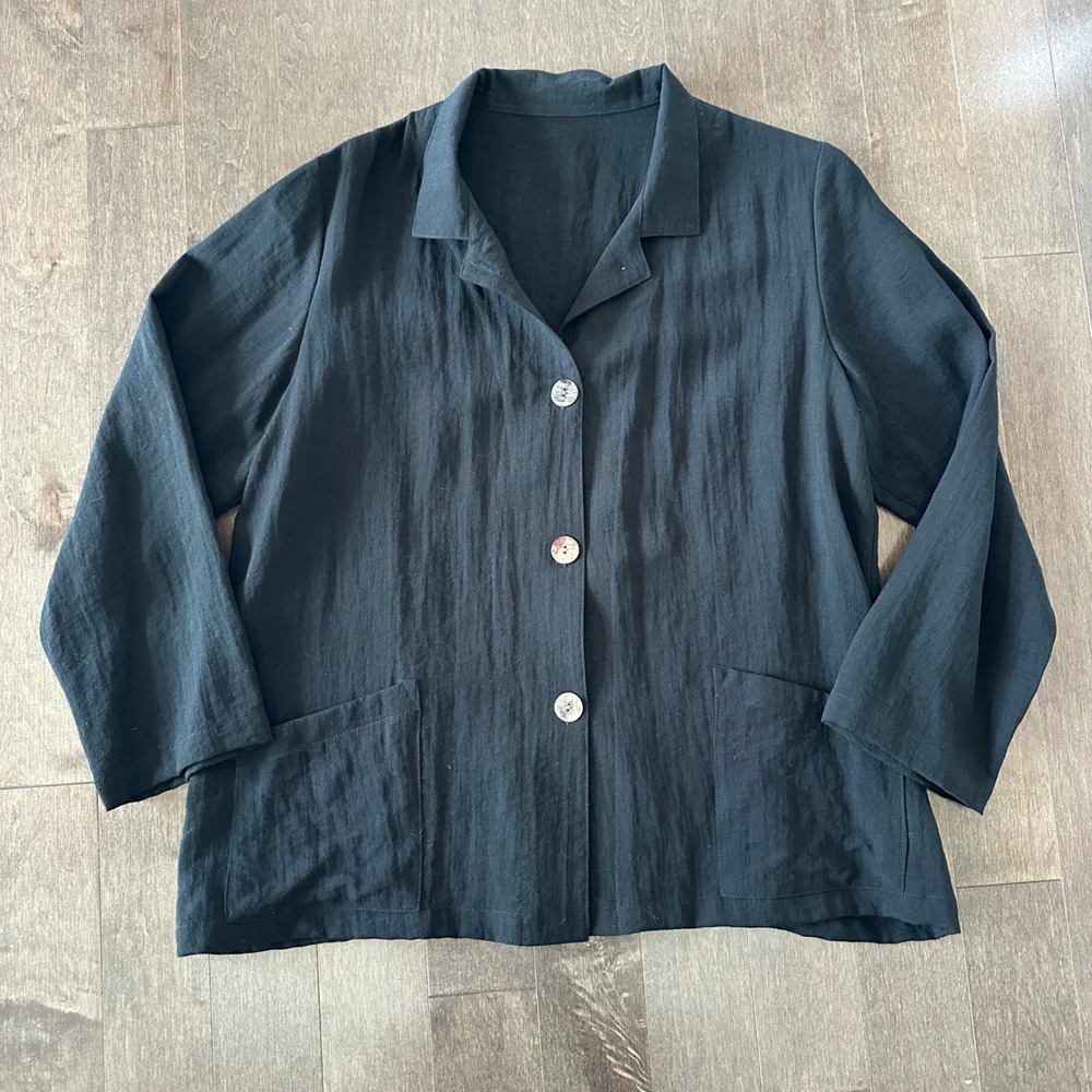 Fridaze Linen Jacket Lagenlook Patch Pockets Casual Lightweight Black L‎